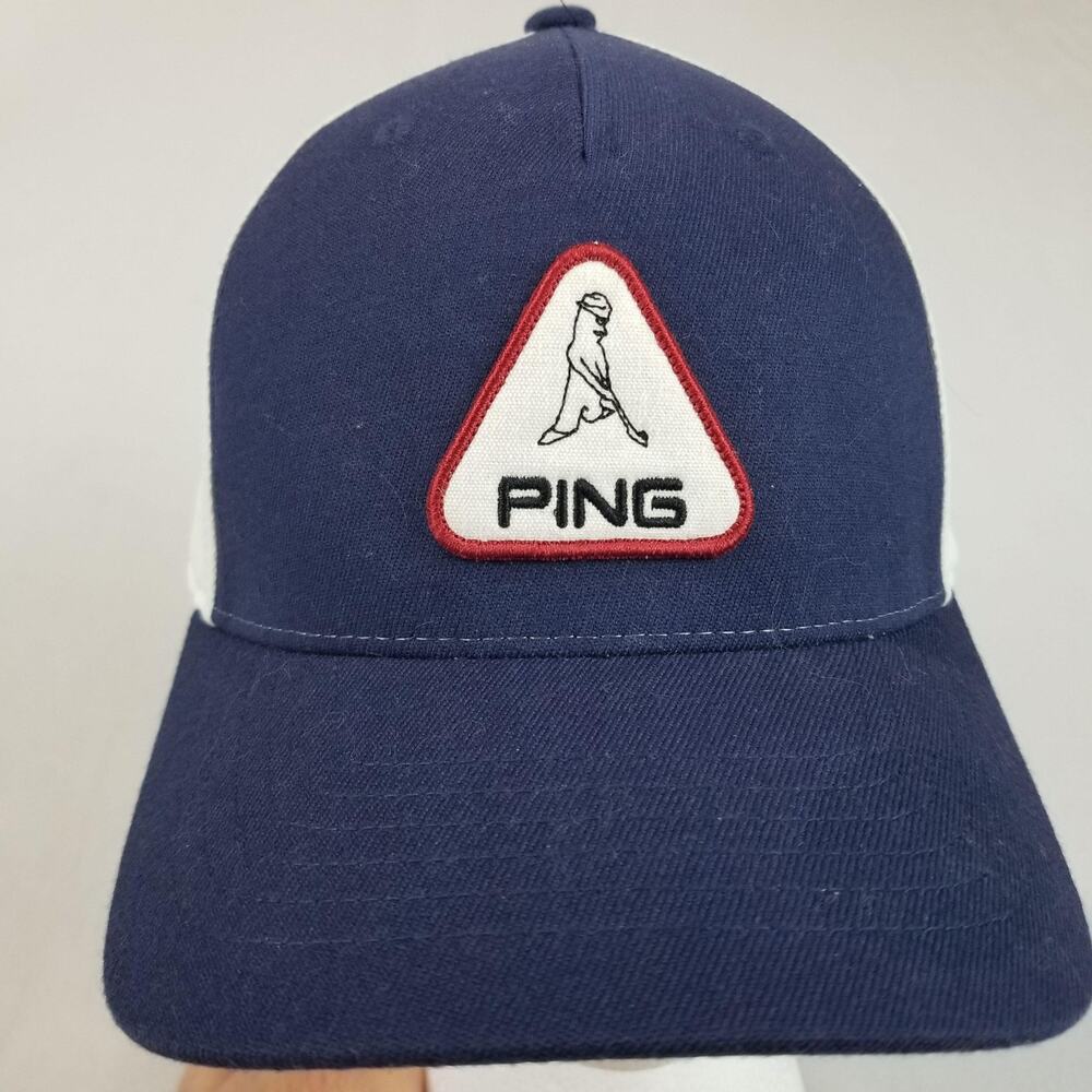 PING Hat Cap Snap Back Navy White Triangle Patch Golf Flexfit 110 Logo Mens